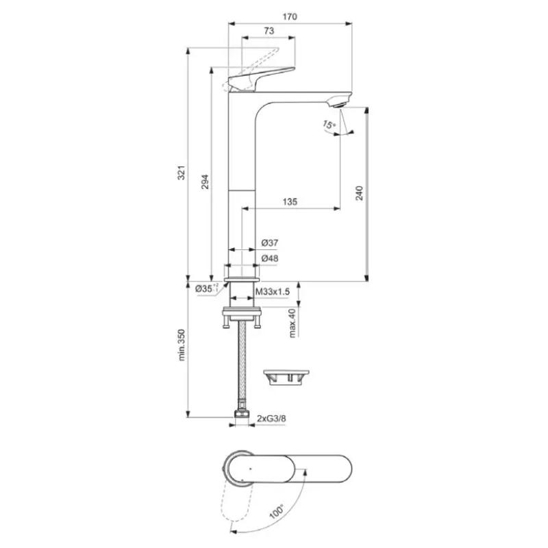 Baterie înaltă pentru lavoar Ideal Standard, Ceralife O 240 BlueStart, fără ventil, negru mat